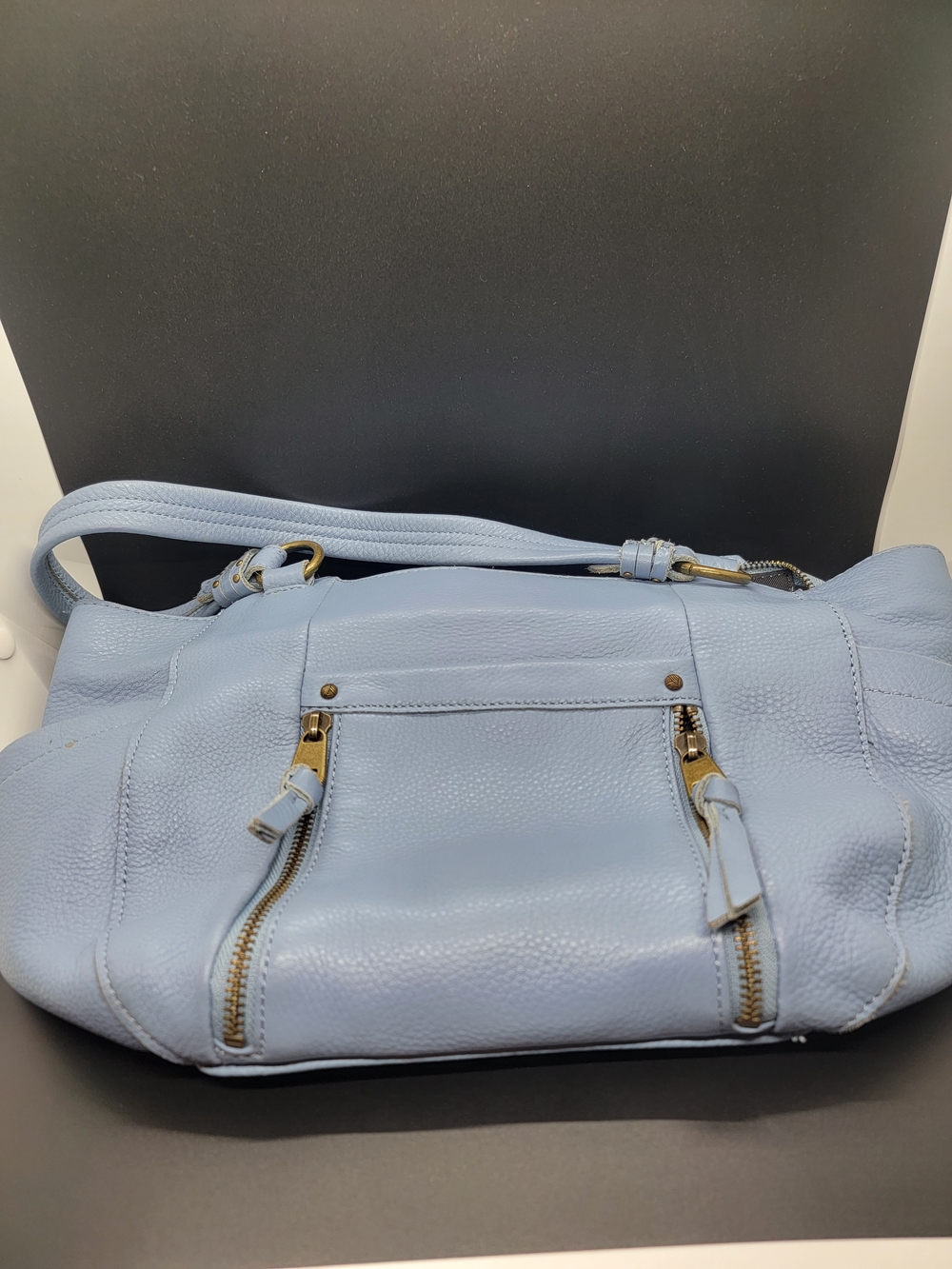 The Sak Powder Blue Leather Shoulder Bag with Front Zips